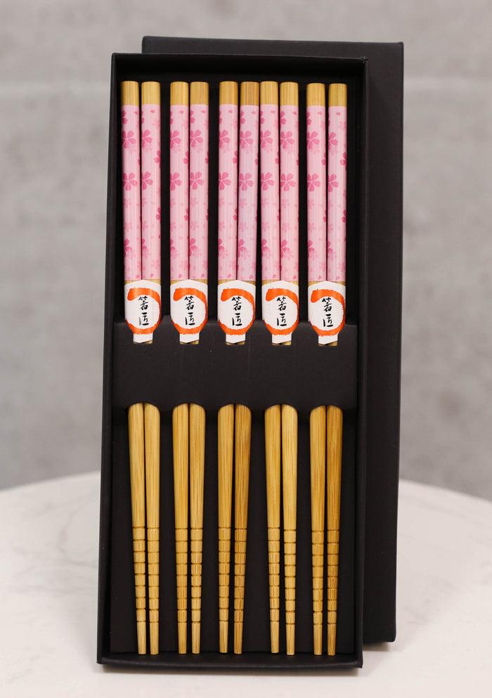 Reusable Bamboo Pink Cherry Blossoms Set Of 5 Ridged Chopsticks Pairs In Box