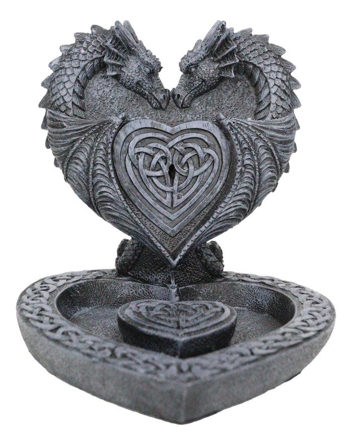Romantic Double Dragon Heart With Celtic Knotwork Backflow Cone Incense Holder