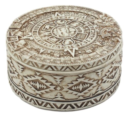 Round Mesoamerican Maya Aztec Jewelry Box Figurine 5"D Solar Calendar Sun God