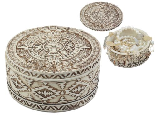 Round Mesoamerican Maya Aztec Jewelry Box Figurine 5"D Solar Calendar Sun God