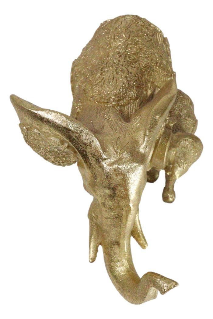 Royal Gold Mandala Ornate Design Elephant And Calf With Trunks Up Figurine