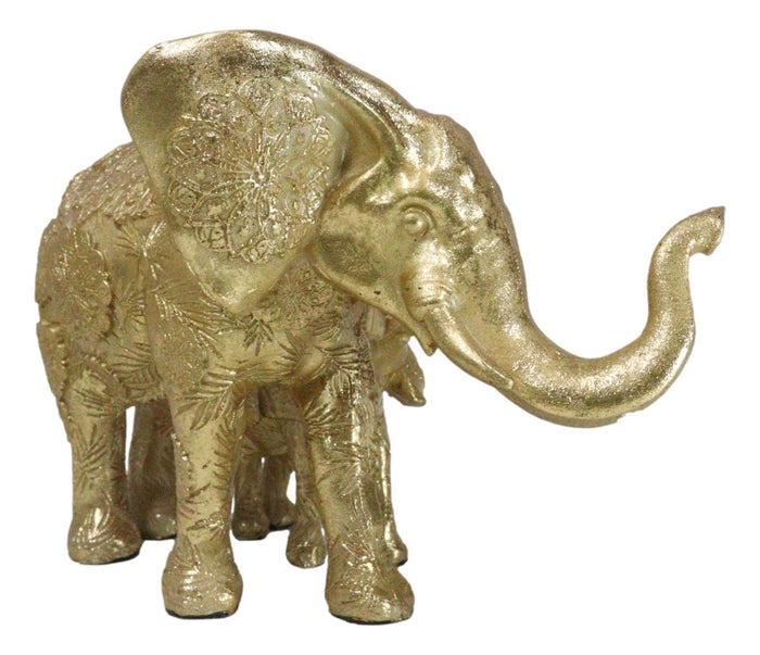 Royal Gold Mandala Ornate Design Elephant And Calf With Trunks Up Figurine