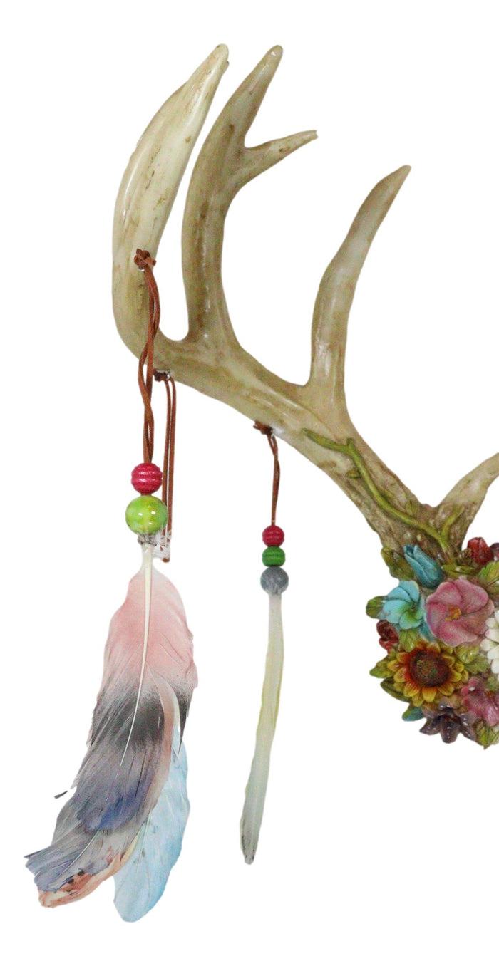 Rustic 12 Point Stag Deer Antlers Flowers And Feathers Rack Wall Hooks Plaque