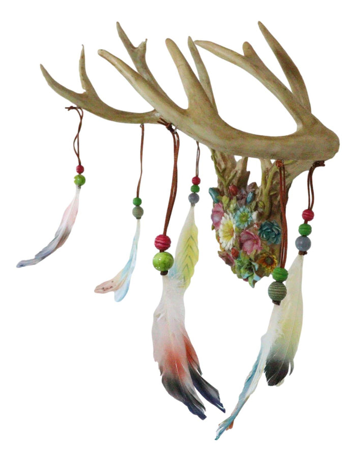 Rustic 12 Point Stag Deer Antlers Flowers And Feathers Rack Wall Hooks Plaque
