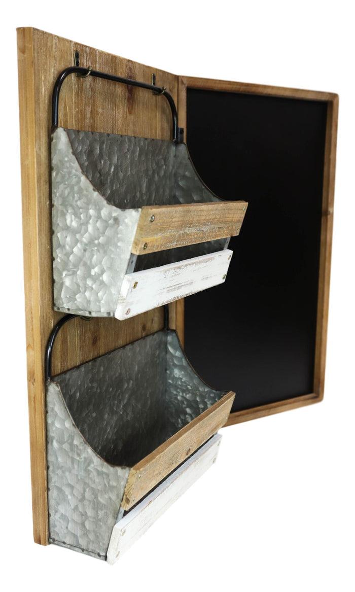 Rustic 23"H Wooden Chalkboard With 2 Metal Mail Pocket Organizer Wall Rack