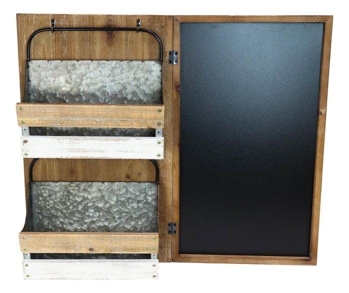Rustic 23"H Wooden Chalkboard With 2 Metal Mail Pocket Organizer Wall Rack