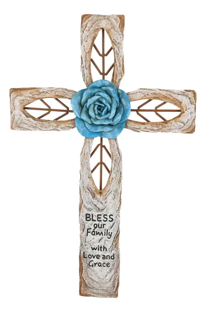 Rustic Aqua Blue Rose Flower Bless Our Family With Love And Grace Wall Cross
