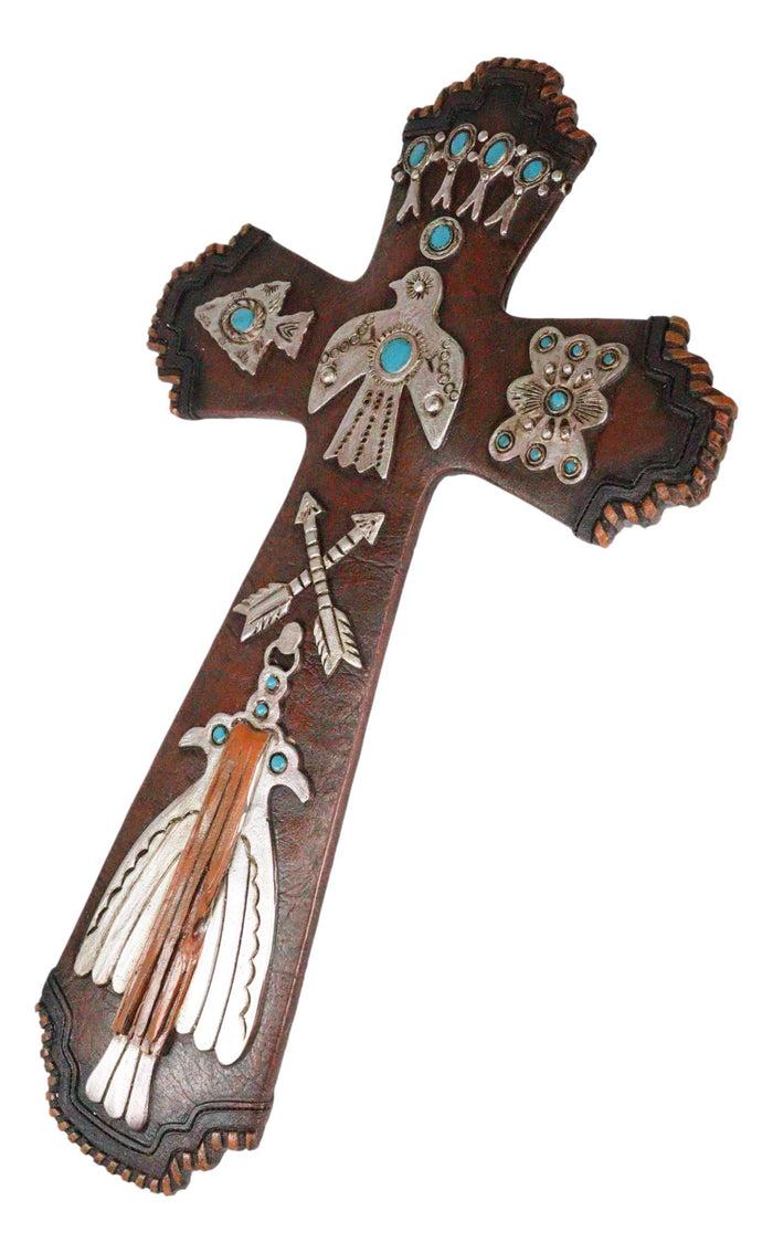 Rustic Aztec Mayan Indian Silver Bird Crossed Arrows Turquoise Stones Wall Cross