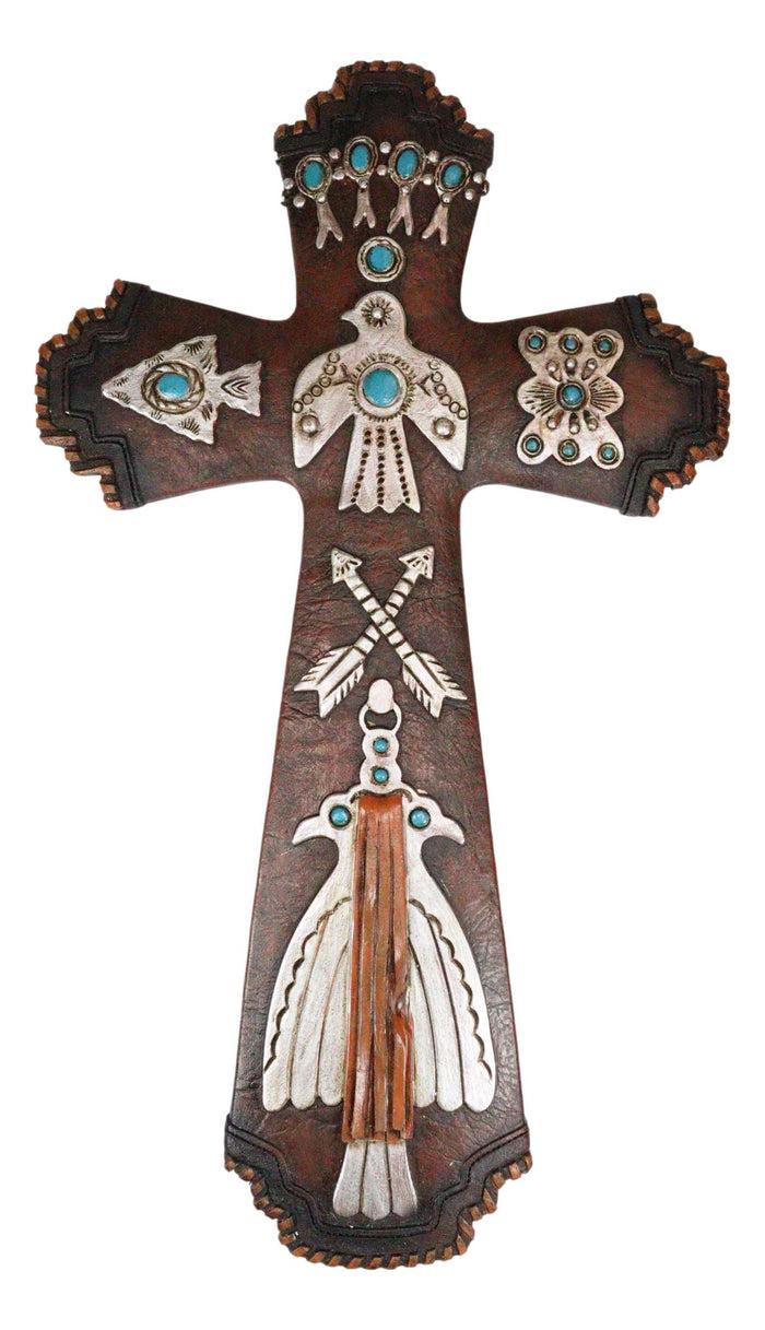 Rustic Aztec Mayan Indian Silver Bird Crossed Arrows Turquoise Stones Wall Cross