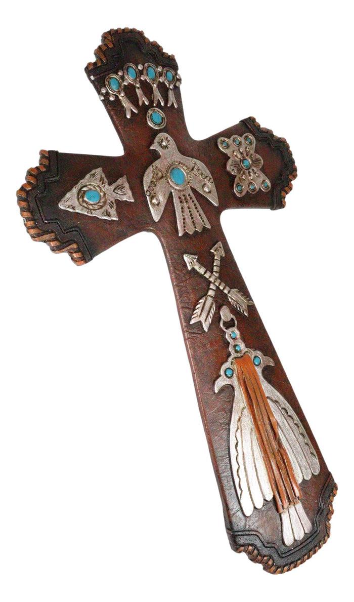 Rustic Aztec Mayan Indian Silver Bird Crossed Arrows Turquoise Stones Wall Cross