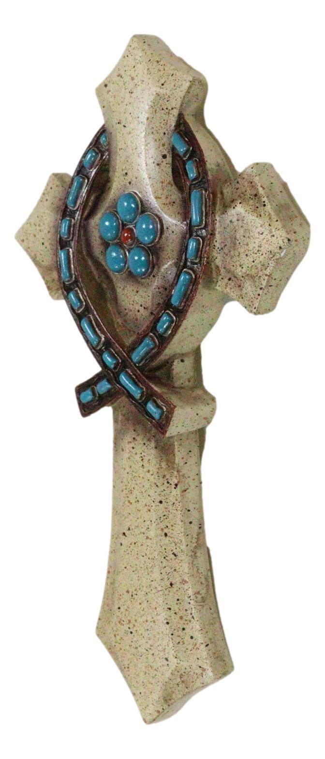 Rustic Beige Greek Ichthys Christ Fish Symbol With Turquoise Gems Wall Cross