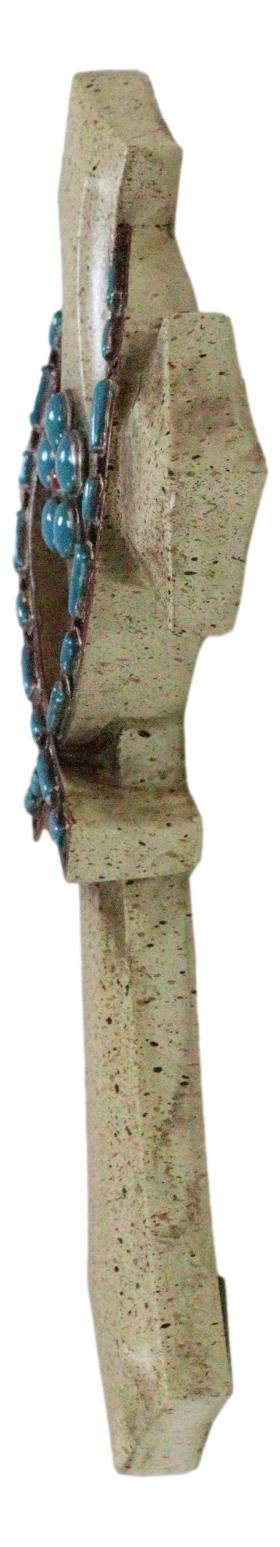 Rustic Beige Greek Ichthys Christ Fish Symbol With Turquoise Gems Wall Cross