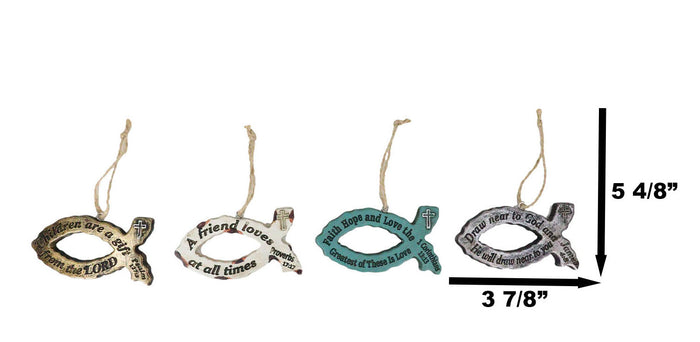 Rustic Bible Scriptures Christian Fish Ichthys Christmas Tree Ornaments Set Of 4