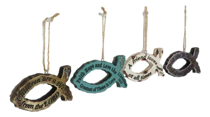 Rustic Bible Scriptures Christian Fish Ichthys Christmas Tree Ornaments Set Of 4