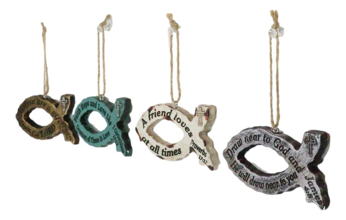 Rustic Bible Scriptures Christian Fish Ichthys Christmas Tree Ornaments Set Of 4