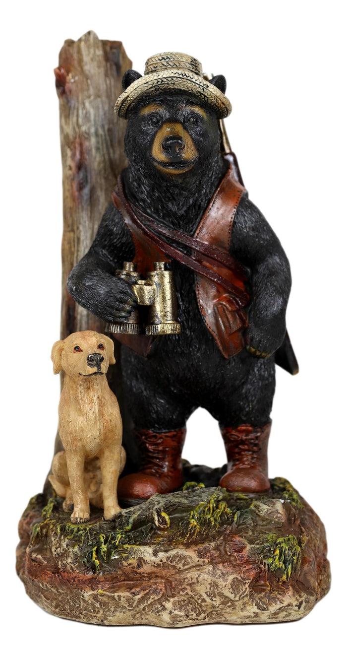 Rustic Black Bear Carrying Backpack Binoculars Shotgun With Hunting Dog Figurine