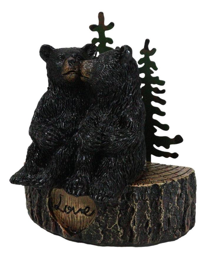 Rustic Black Bear Couple Kissing On Love Tree Ring With Pine Trees Figurine