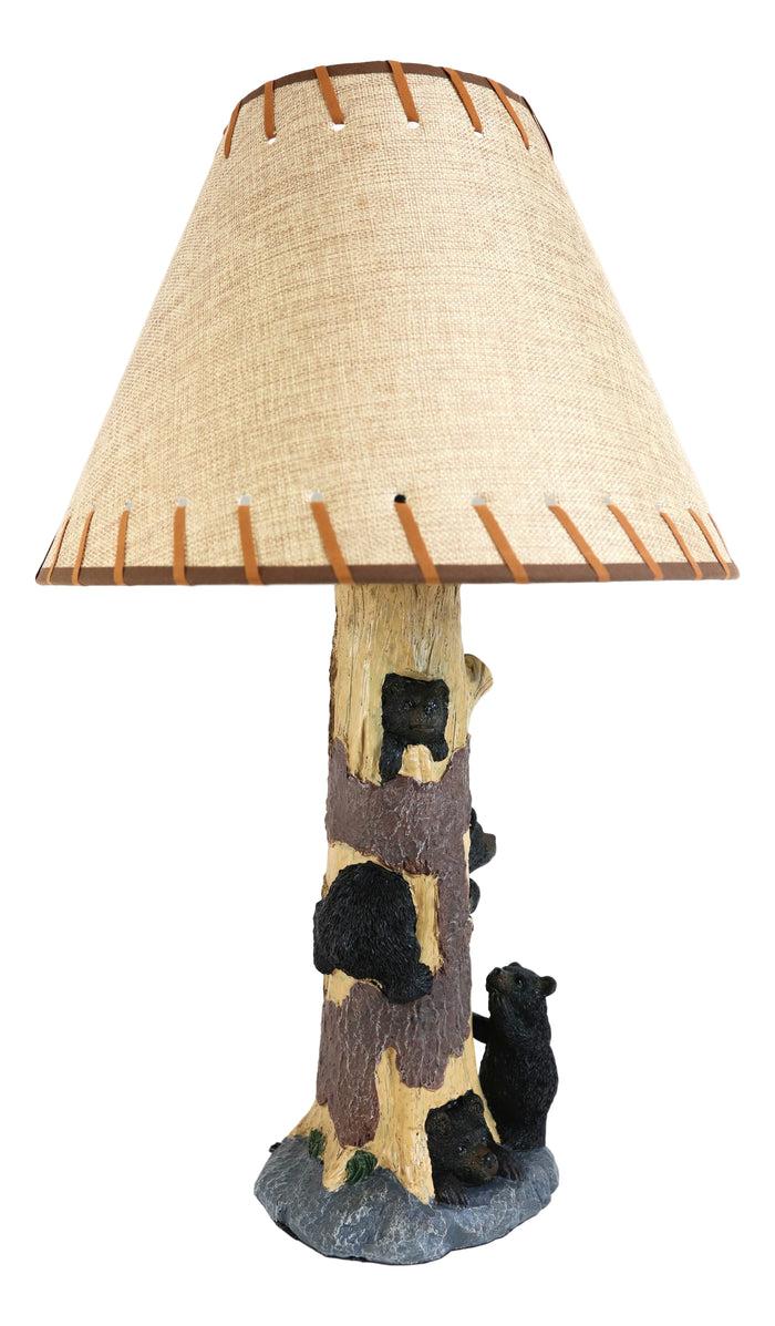 Rustic Black Bear Cubs Peekaboo Climbers By A Tree Table Lamp Statue With Shade