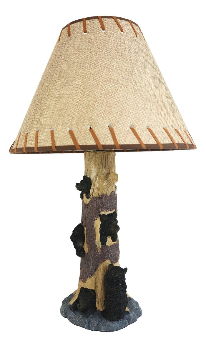 Rustic Black Bear Cubs Peekaboo Climbers By A Tree Table Lamp Statue With Shade