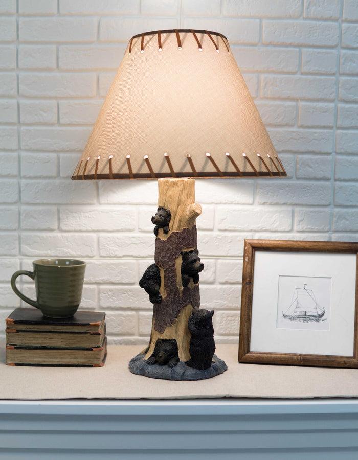 Rustic Black Bear Cubs Peekaboo Climbers By A Tree Table Lamp Statue With Shade