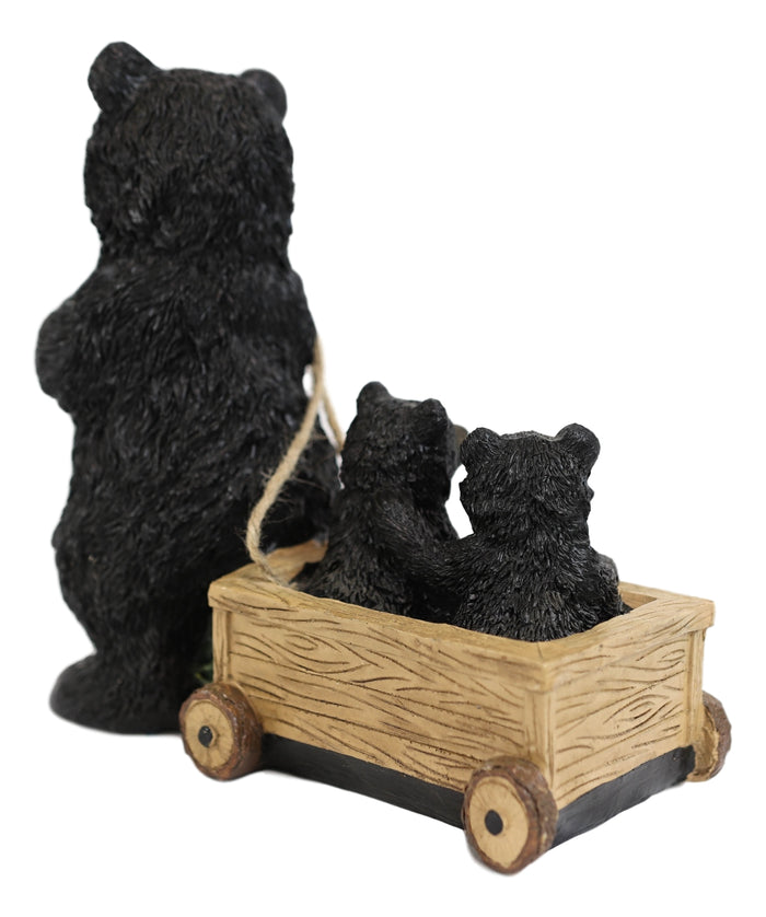 Rustic Black Bear Mother With Cubs Sitting In Wooden Cart Wagon Welcome Statue
