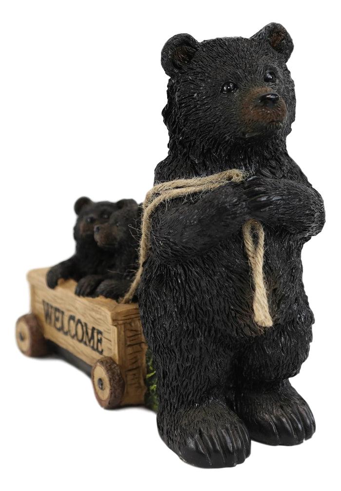 Rustic Black Bear Mother With Cubs Sitting In Wooden Cart Wagon Welcome Statue