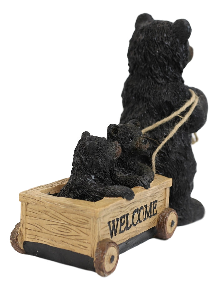 Rustic Black Bear Mother With Cubs Sitting In Wooden Cart Wagon Welcome Statue