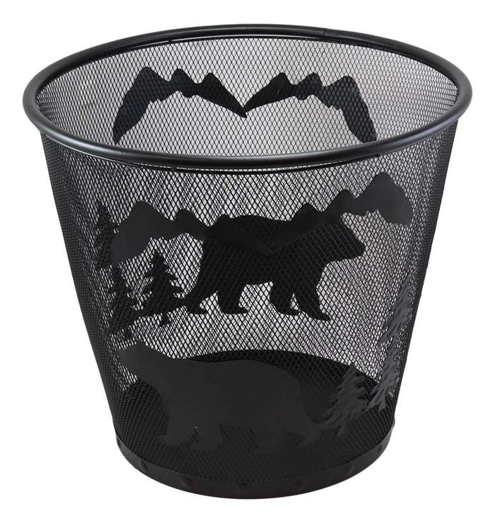 Rustic Black Bears By Pine Trees And Mountains Metal Wire Waste Basket Trash Bin