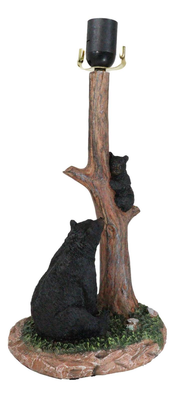 Rustic Black Mother Bear Watching Over Cub Climbing On Tree Trunk Table Lamp