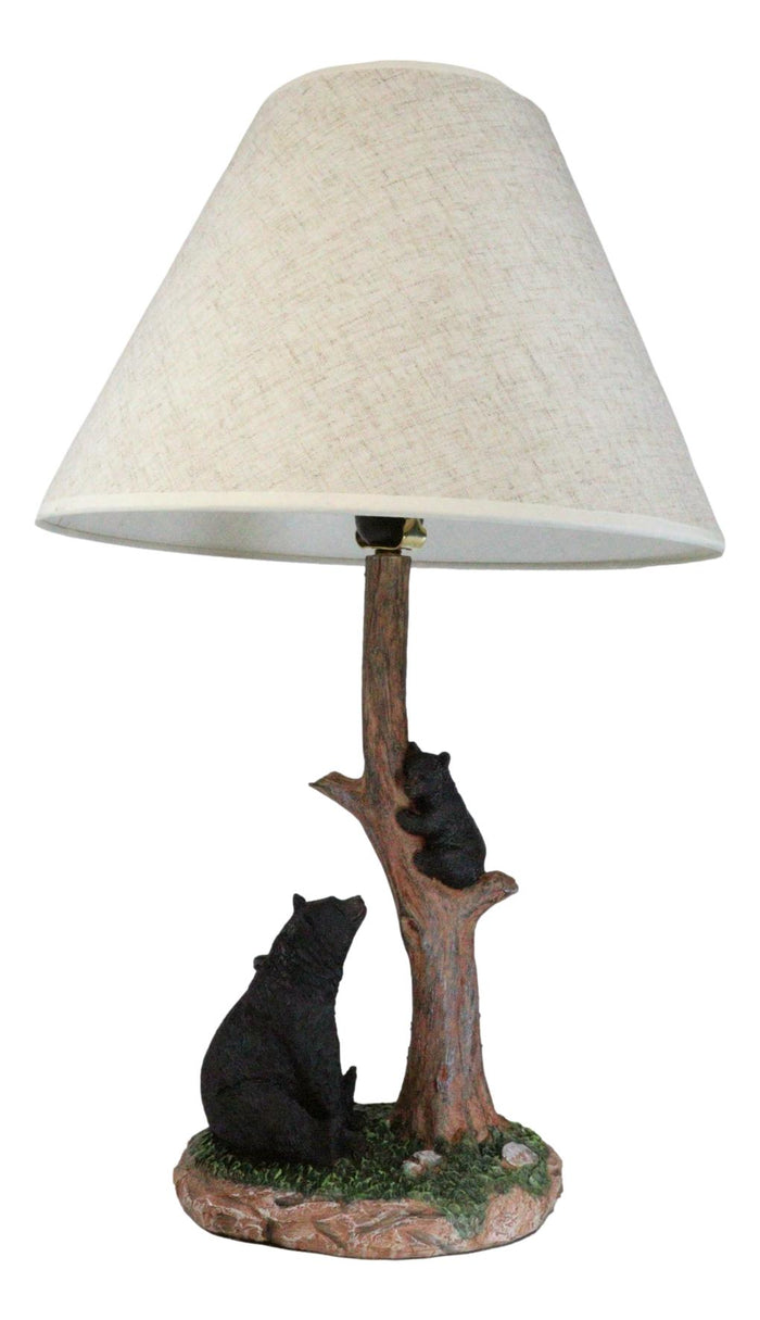Rustic Black Mother Bear Watching Over Cub Climbing On Tree Trunk Table Lamp