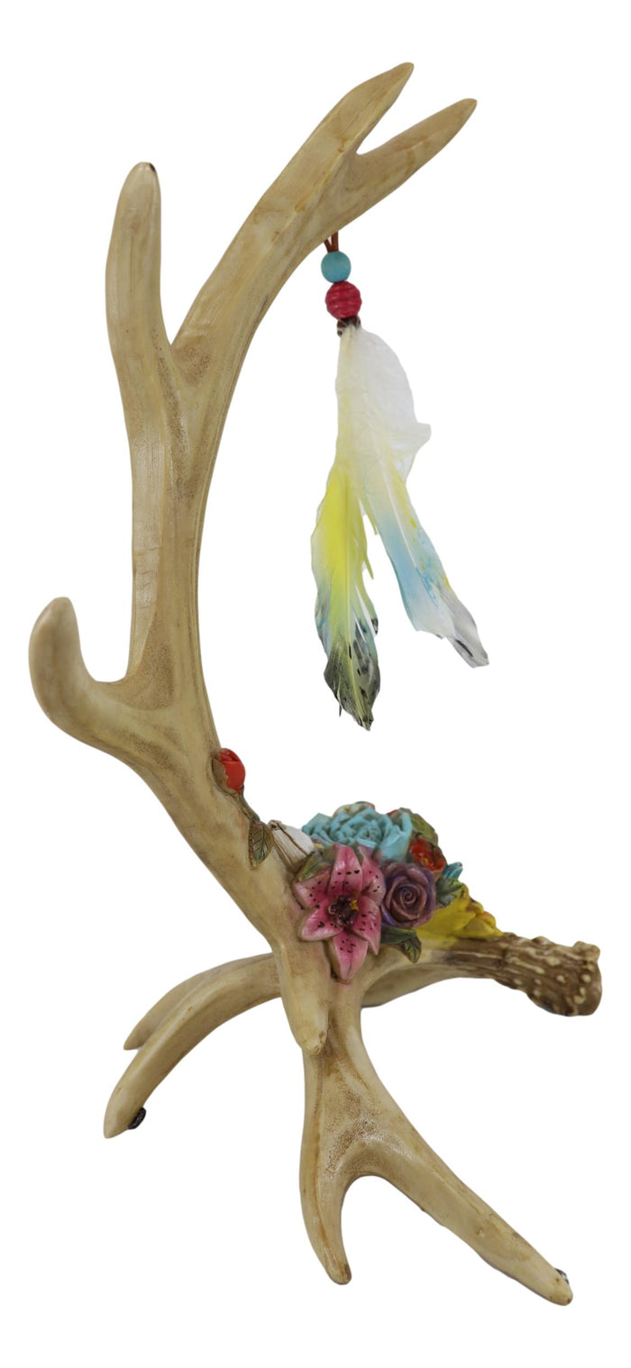Rustic Buck Deer Antler With Flowers And Feathers Jewelry Tree Or Decor Figurine