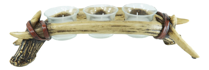 Rustic Buck Elk Deer Stag Entwined Bone Antlers 3 Votive Candles Holder Figurine