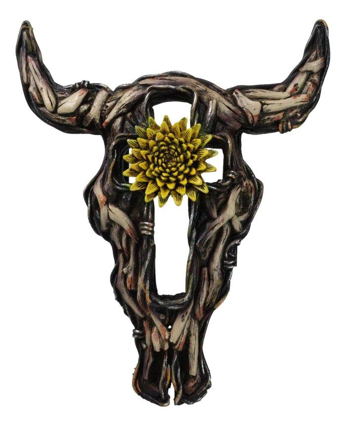 Rustic Buffalo Cow Skull With Yellow Flower And Cross Faux Wooden Wall Decor Rustic Buffalo Cow Skull With Yellow Flower And Cross Faux Wooden Wall Decor