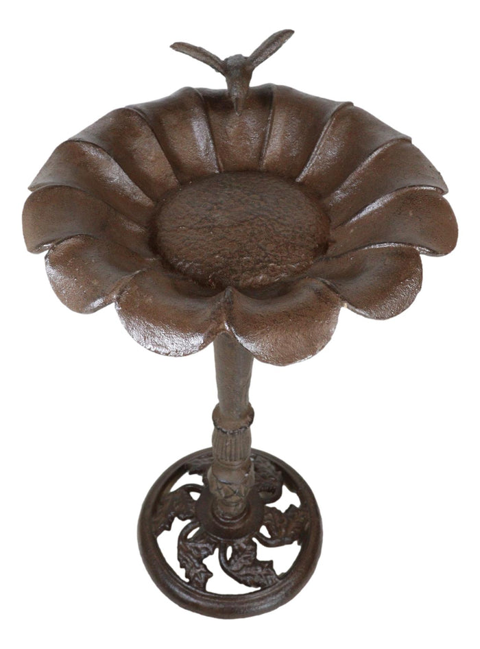 Rustic Cast Iron Hummingbird Perching On Sunflower Garden Bird Feeder Bath 19"H
