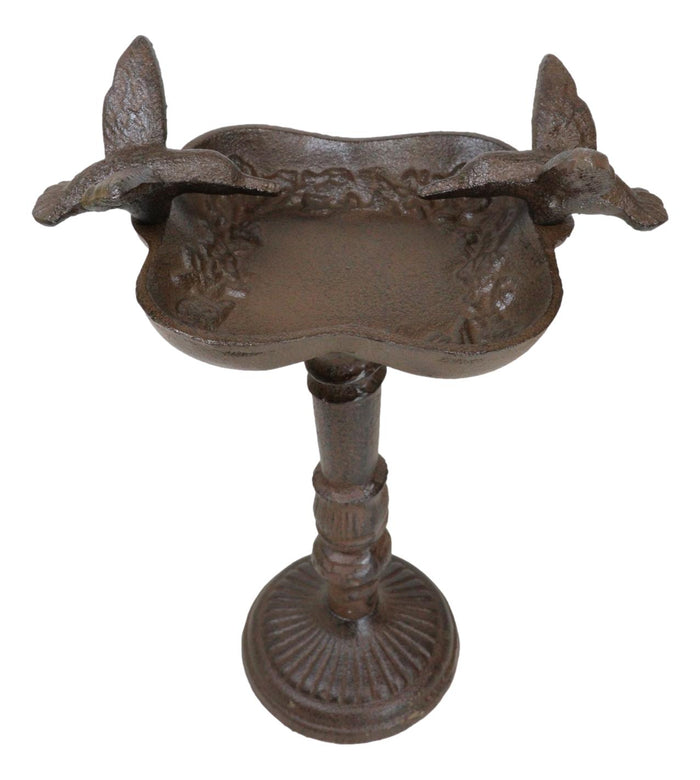 Rustic Cast Iron Hummingbirds Perching On Ornate Garden Bird Feeder Bath 11"H