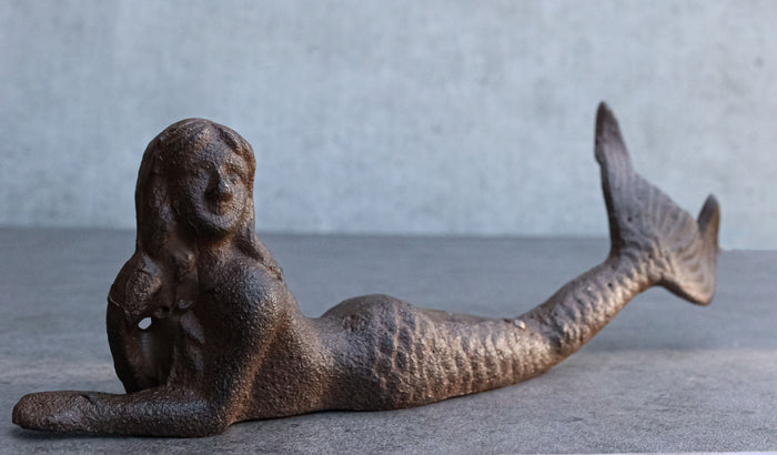 Rustic Cast Iron Nautical Siren Mermaid With Tail Stretched Out Statue 9.5"L