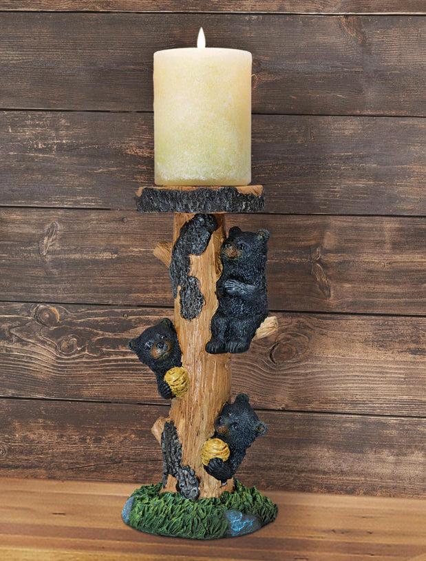 Rustic Climbing Bear Cubs With Bee Hives Pillar Candle Holder Stand Set Of 2
