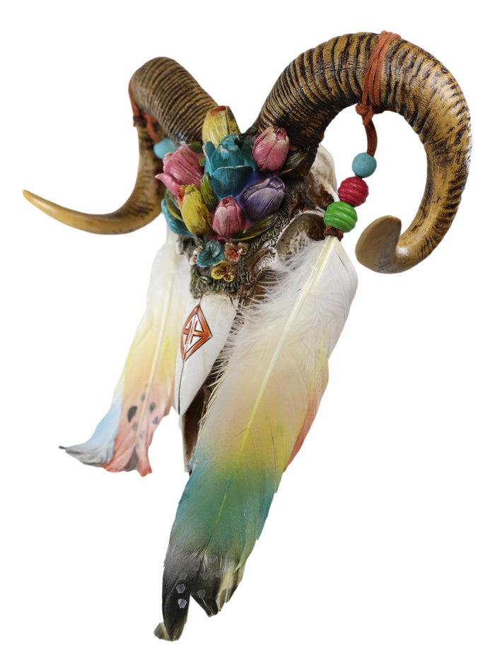 Rustic Corsican Ram Skull With Flowers And Dreamcatcher Feathers Wall Decor