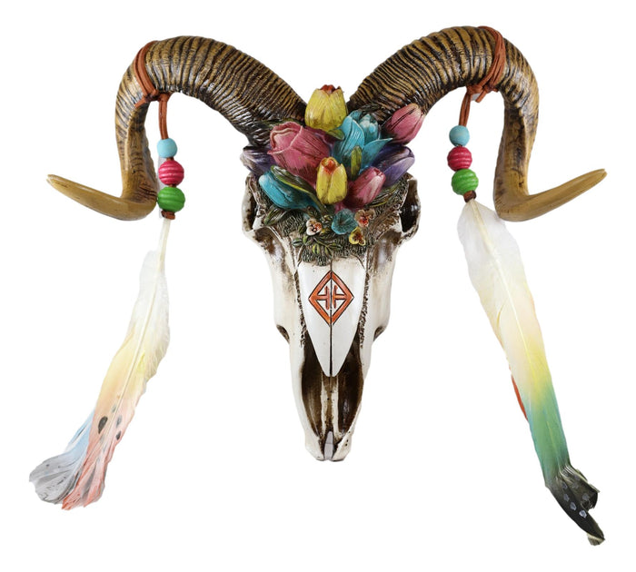 Rustic Corsican Ram Skull With Flowers And Dreamcatcher Feathers Wall Decor