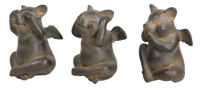 Rustic Country Angel Winged Pigs In See Hear Speak No Evil Poses Figurines Set