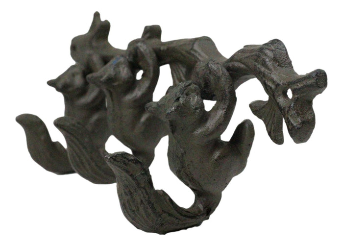 Rustic Country Cast Iron Squirrel On Tree Branch 4-Peg Wall Coat Hooks 13"L