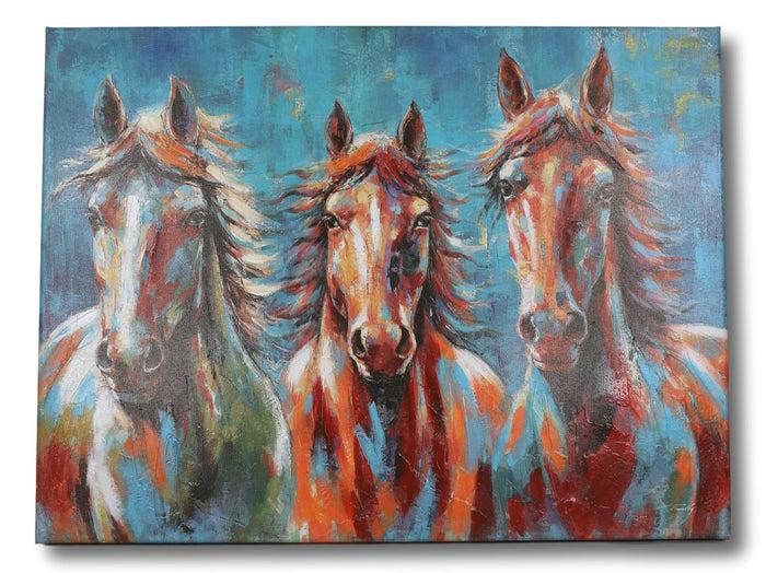 Rustic Country Western Colorful 3 Horses Printed Canvas Picture Wooden Frame 24"X18"