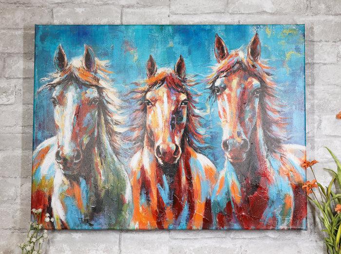 Rustic Country Western Colorful 3 Horses Printed Canvas Picture Wooden Frame 24"X18"