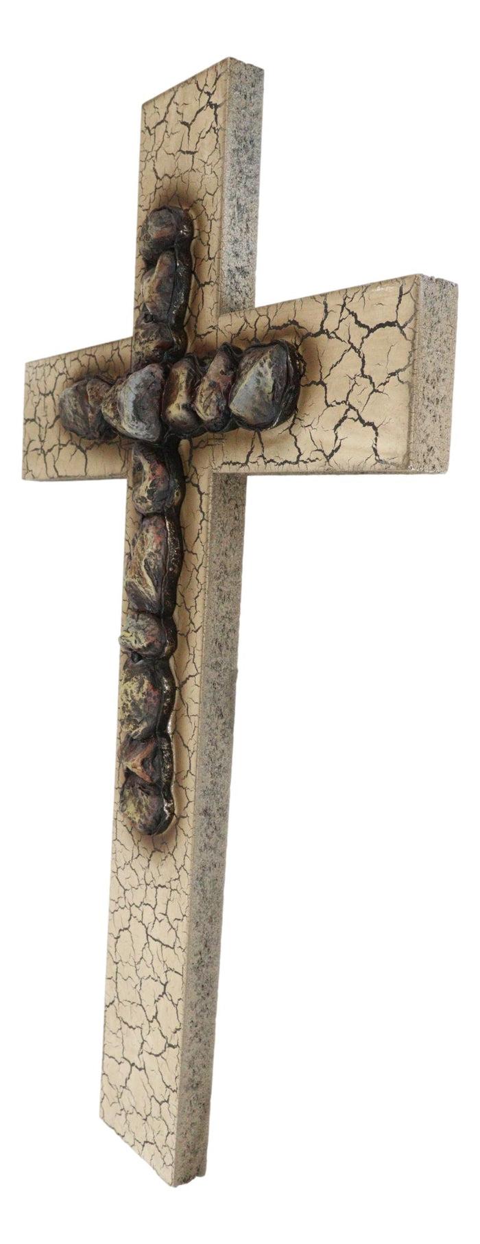 Rustic Country Western Faux Crackled Wood With Pebble Rock Stones Wall Cross
