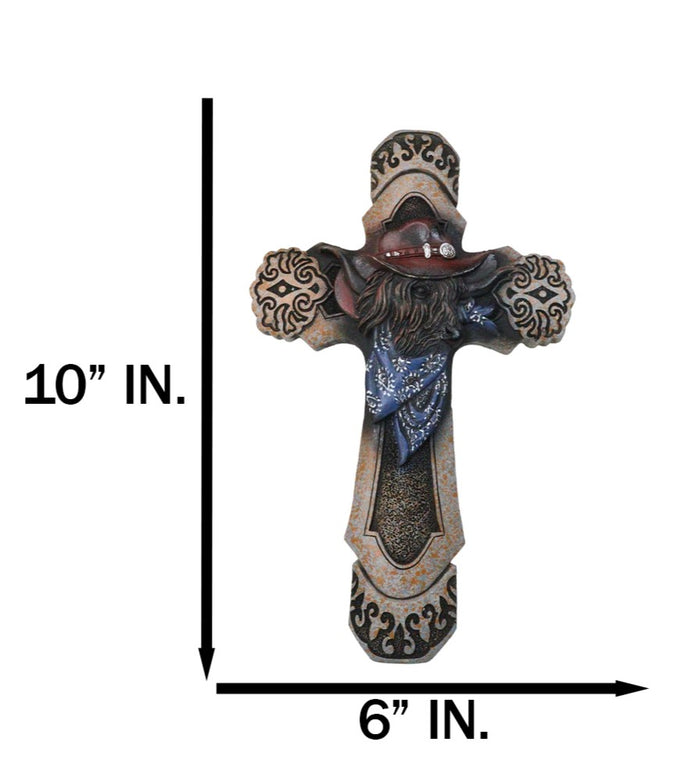 Rustic Country Western Highland Cow With Cowboy Hat And Scarf Wall Cross Decor