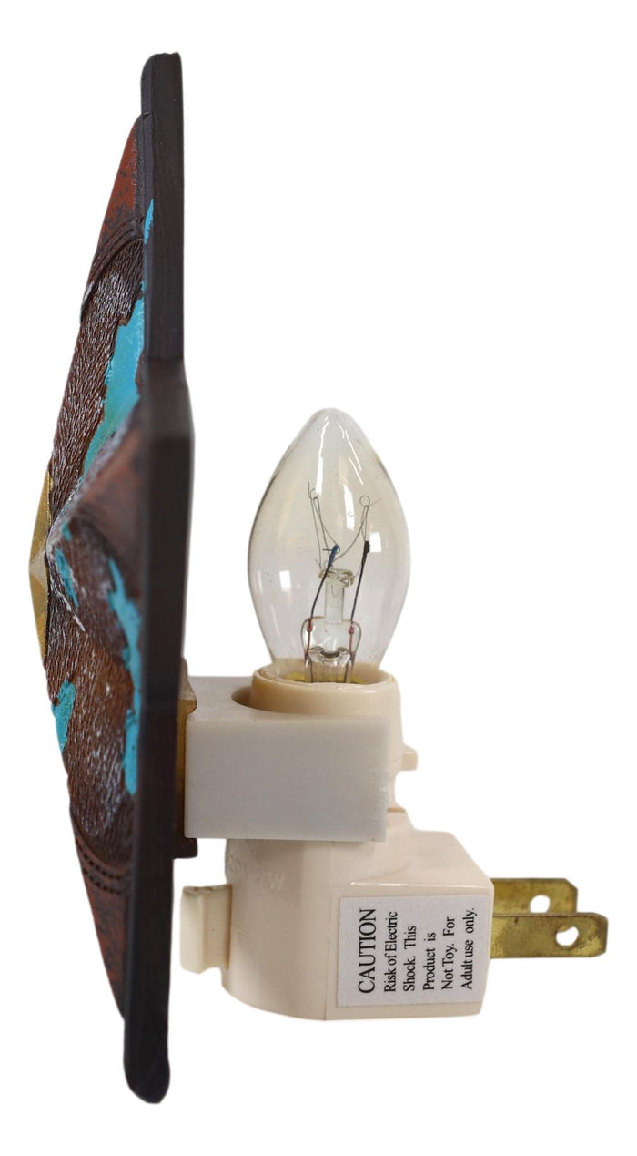 Rustic Cowboy Western Star Turquoise Cowskin Print Wall Plug In LED Night Light