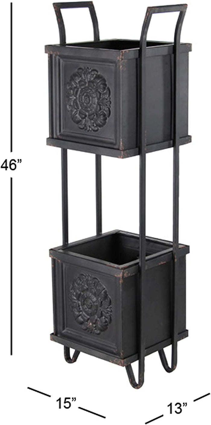 Rustic Farmhouse 2 Tiered Black Metal Box Planters With French Floral Design