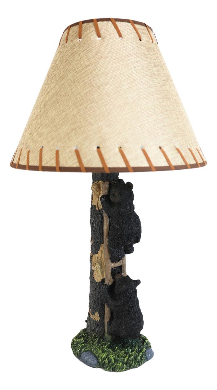 Rustic Forest 2 Bear Cubs Climbing Tree Ladder Table Lamp Statue With Shade 23"H