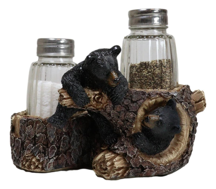 Rustic Forest 2 Black Bear Cubs Playing By Tree Logs Salt Pepper Shakers Holder