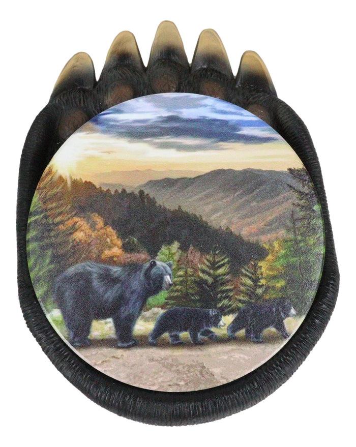 Rustic Forest Black Bear Clawed Paw Coaster Holder With 4 Trail Bears Coasters